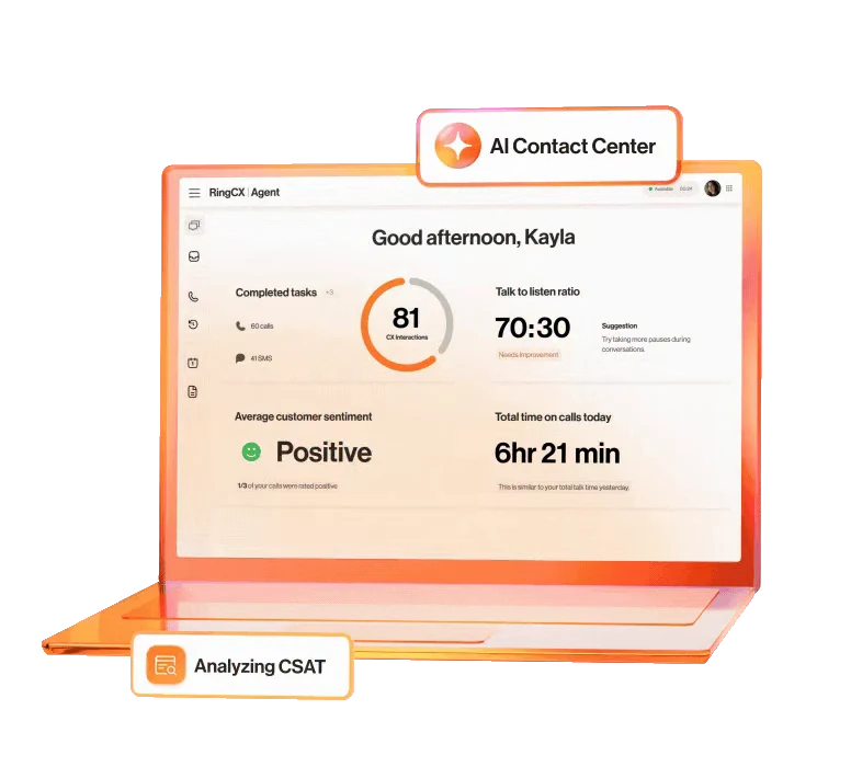 RingCX agent dashboard on a laptop, showing an AI contact center view analyzing customer satisfaction.